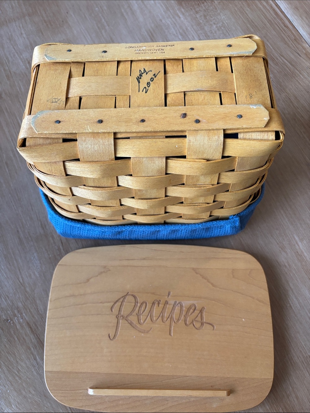 Vintage Longaberger Handwoven Wooden Recipe Box Basket with Lid and Blue Liner